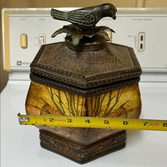 Hexagonal Decorative Bird-Top Trinket Box in Antique Bronze and Gold - Picture 1 of 5